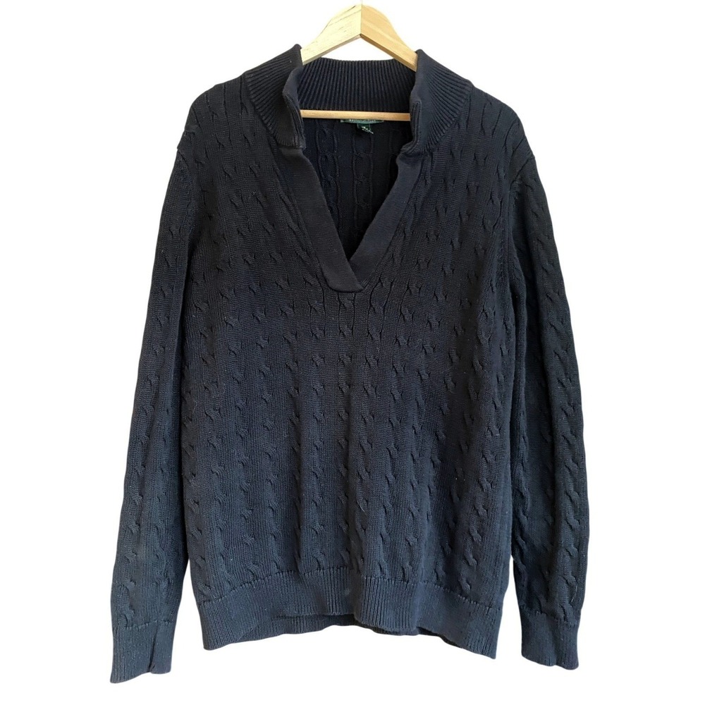 Ralph Lauren Cable Knit V Neck Black Sweater 1X Heritage Academia Preppy Grandpa